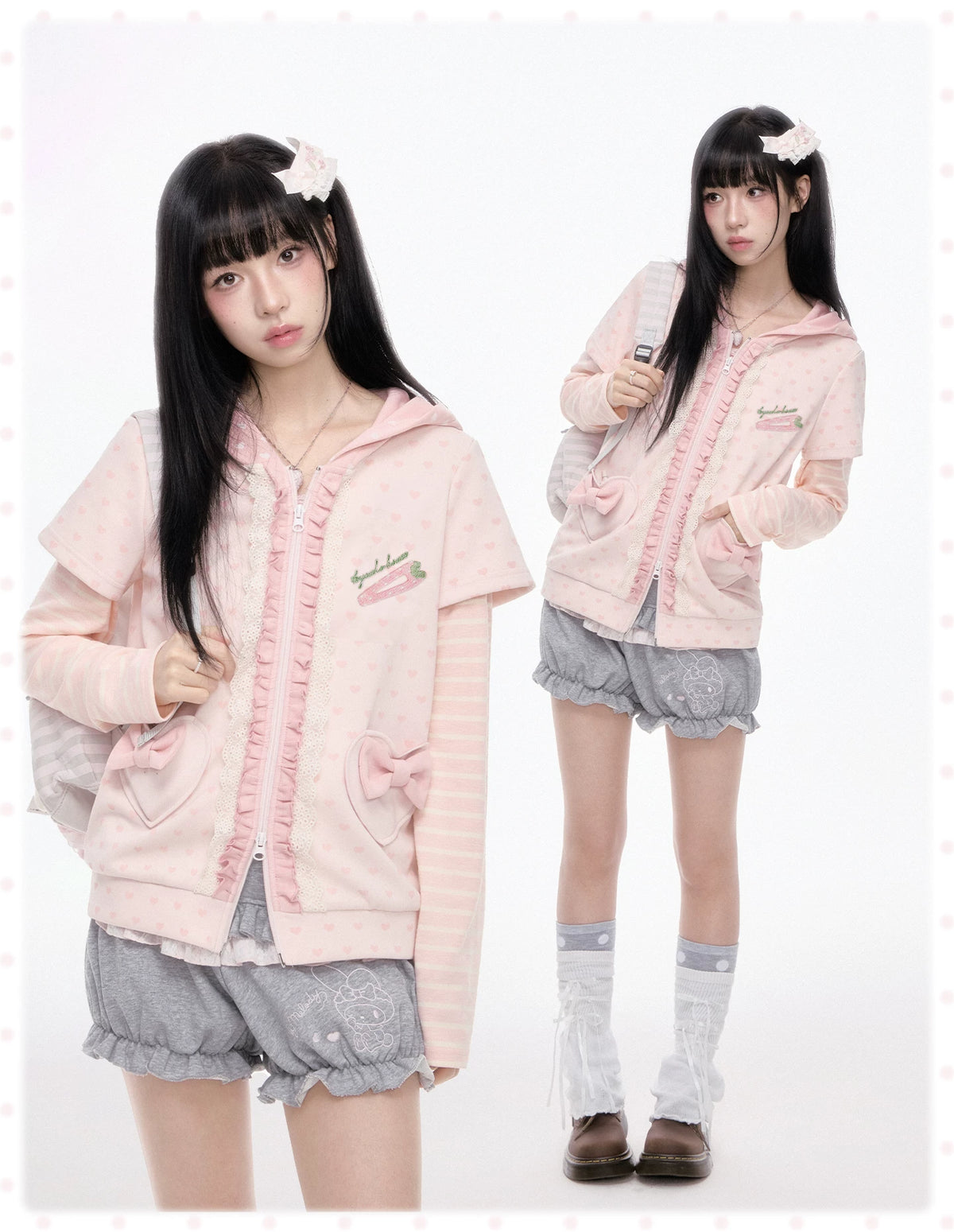 KYOUKO - Pink Hooded Zip-Up Jacket & Gray Ruffle Pants Set