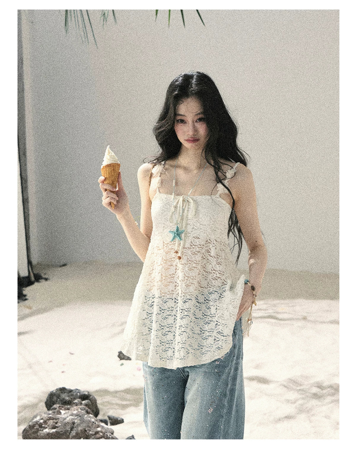 "Morning Mist" Frost White Lace Sheer Cami Top 65123