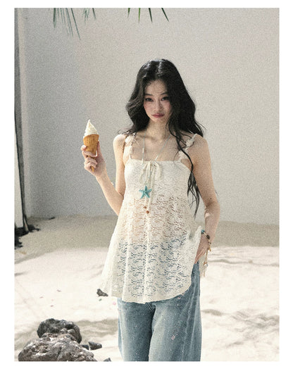 "Morning Mist" Frost White Lace Sheer Cami Top 65123