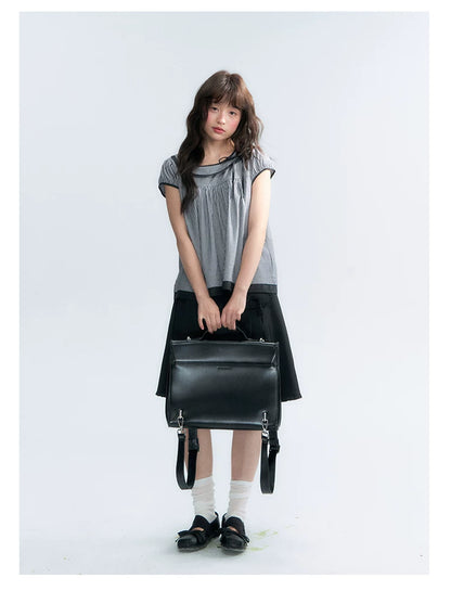 "Black Toast" Black Stripe Asymmetrical Collar Babydoll Blouse