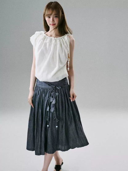 LOST FOREST - Flower Belt Striped Midi Dress (Natural Hemp / Blue Stripe / Orange Stripe)