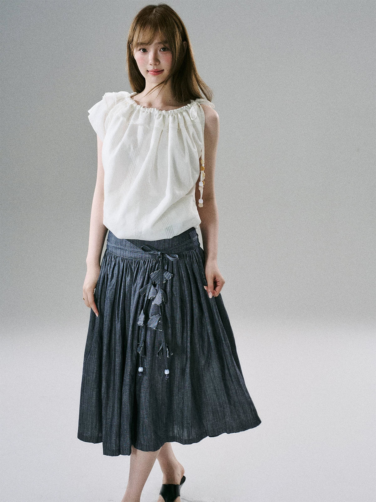 LOST FOREST - Flower Belt Striped Midi Dress (Natural Hemp / Blue Stripe / Orange Stripe)