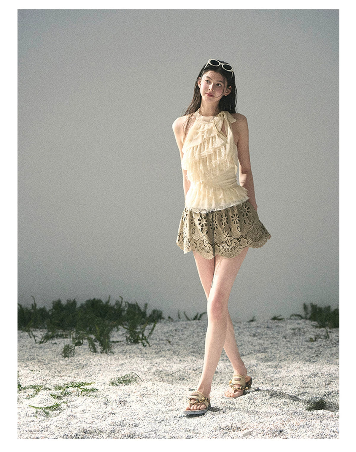 “Spring Traces in Tulle” Pale Butter Lace Halter Top