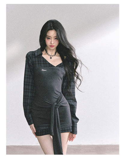 少也眼 “Campus Rebel" Checkered Bodycon Mini Dress - Gray 514354