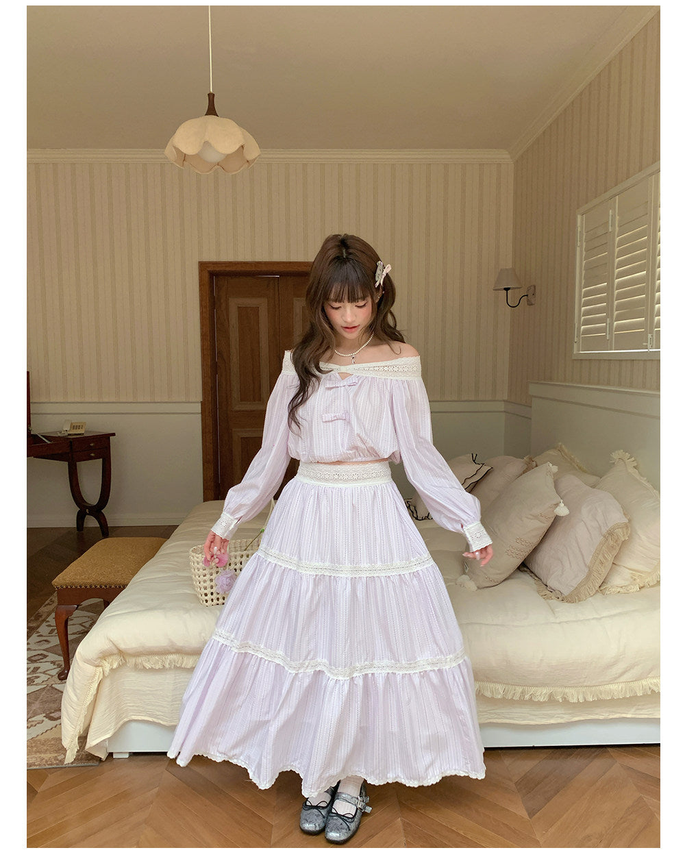 “Misty Blossom Reverie” Light Purple Off-Shoulder Top & Lace Trim Skirt