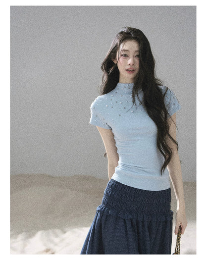 "Scattered Across the Milky Way" Pearl Beaded Knit T-Shirt (Haze Blue/ Sage Gray)