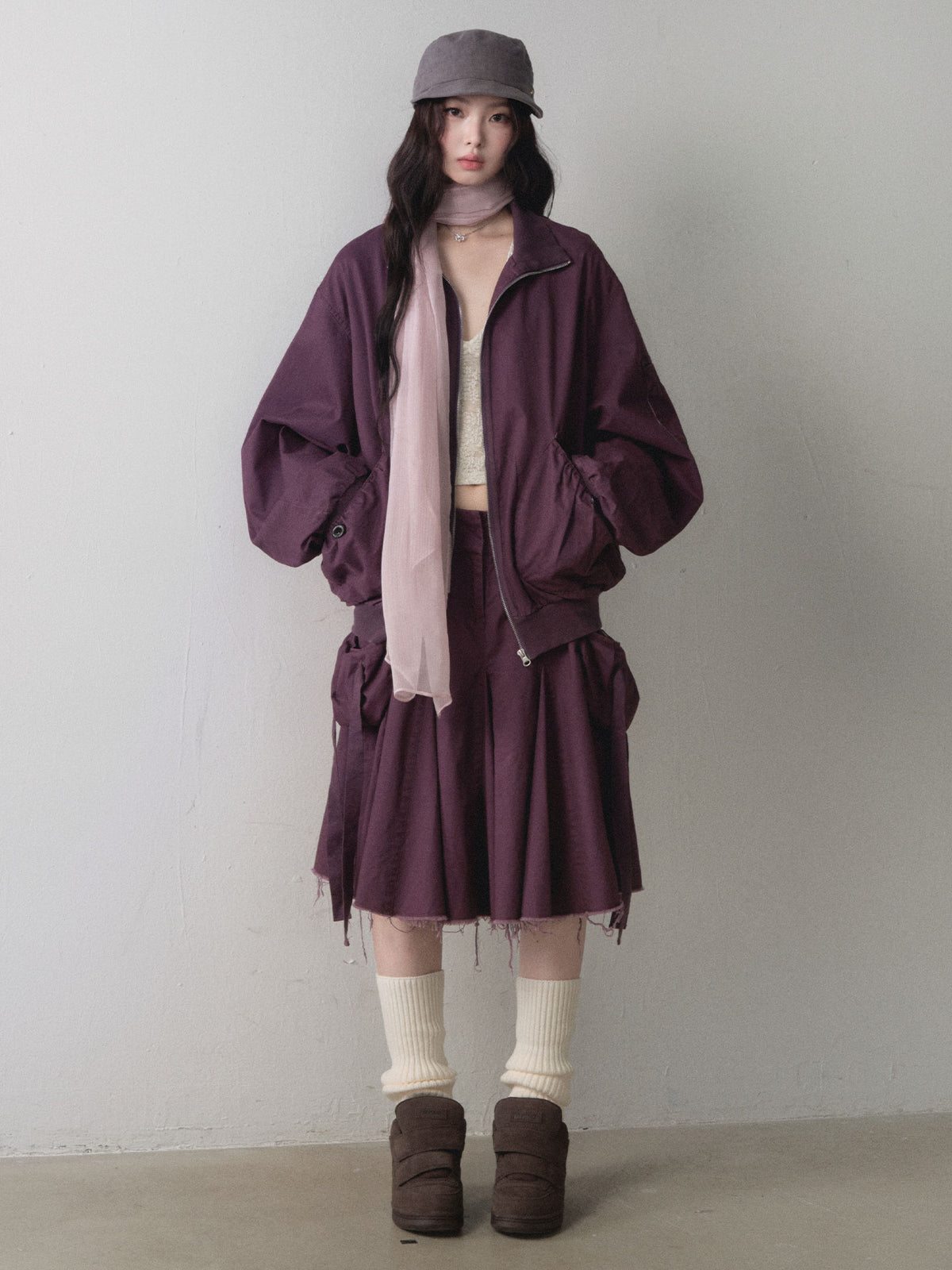 1P - Berry Purple Utility Jacket & Pleated Skirt Set