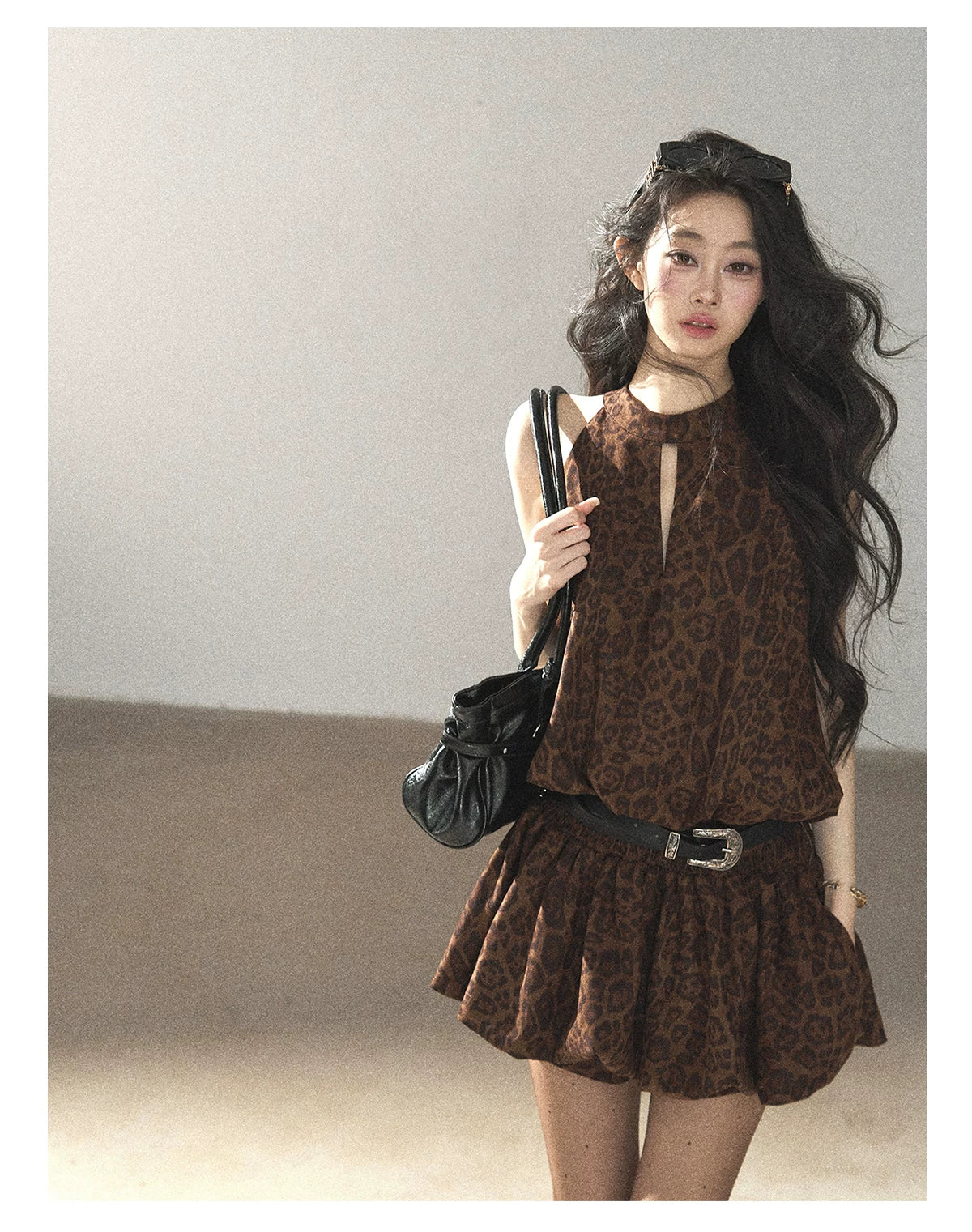 AOMALM - Merlot Leopard Print Bubble Sleeve Dress with Vintage Belt