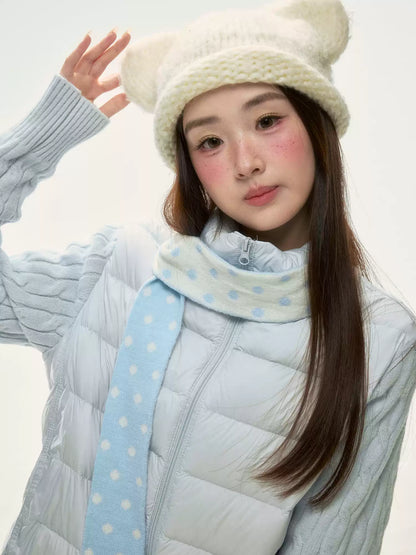 BIBIBENCY - Pale Blue Knit-Panel 90% White Duck Down Puffer Jacket (With Scarf)