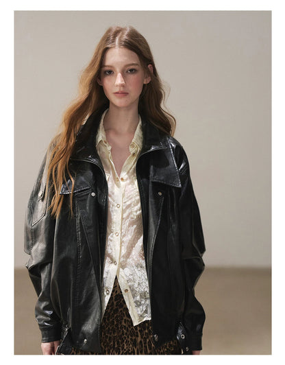 AOMALM - "Solo Journey" Quiet Black Oversized PU Moto Jacket