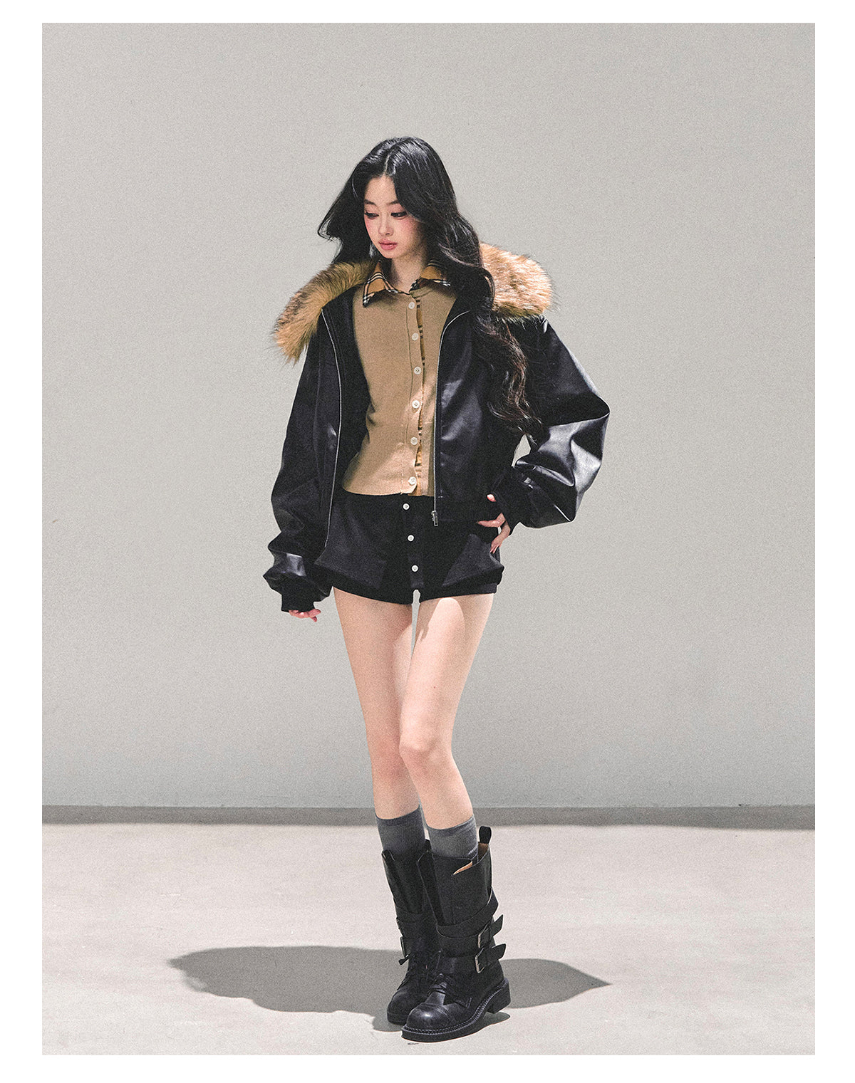 少也眼 "Whispers of a Snowy Night" Quilted PU Leather Jacket 54634864