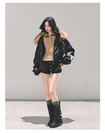 少也眼 "Whispers of a Snowy Night" Quilted PU Leather Jacket 54634864