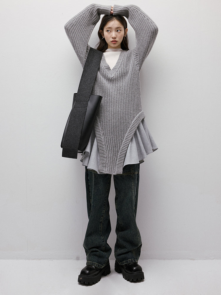 FUSSED Noise Irregular Knit Patchwork V-Neck Sweater Dress FOF-25SS023