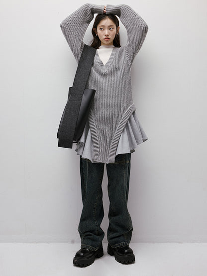 FUSSED Noise Irregular Knit Patchwork V-Neck Sweater Dress FOF-25SS023