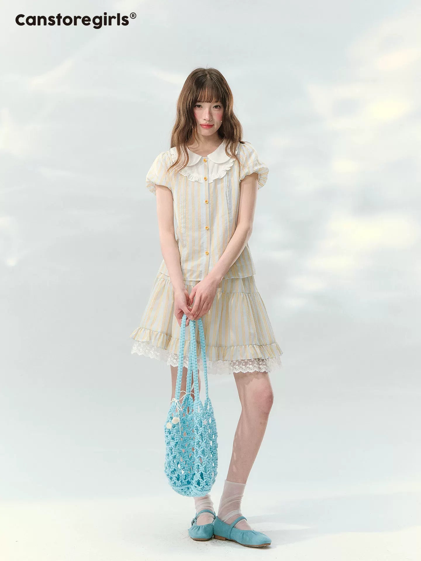 “Spring Lemon Breeze” Milk Blue Striped Shirt & Tiered Mini Skirt Set
