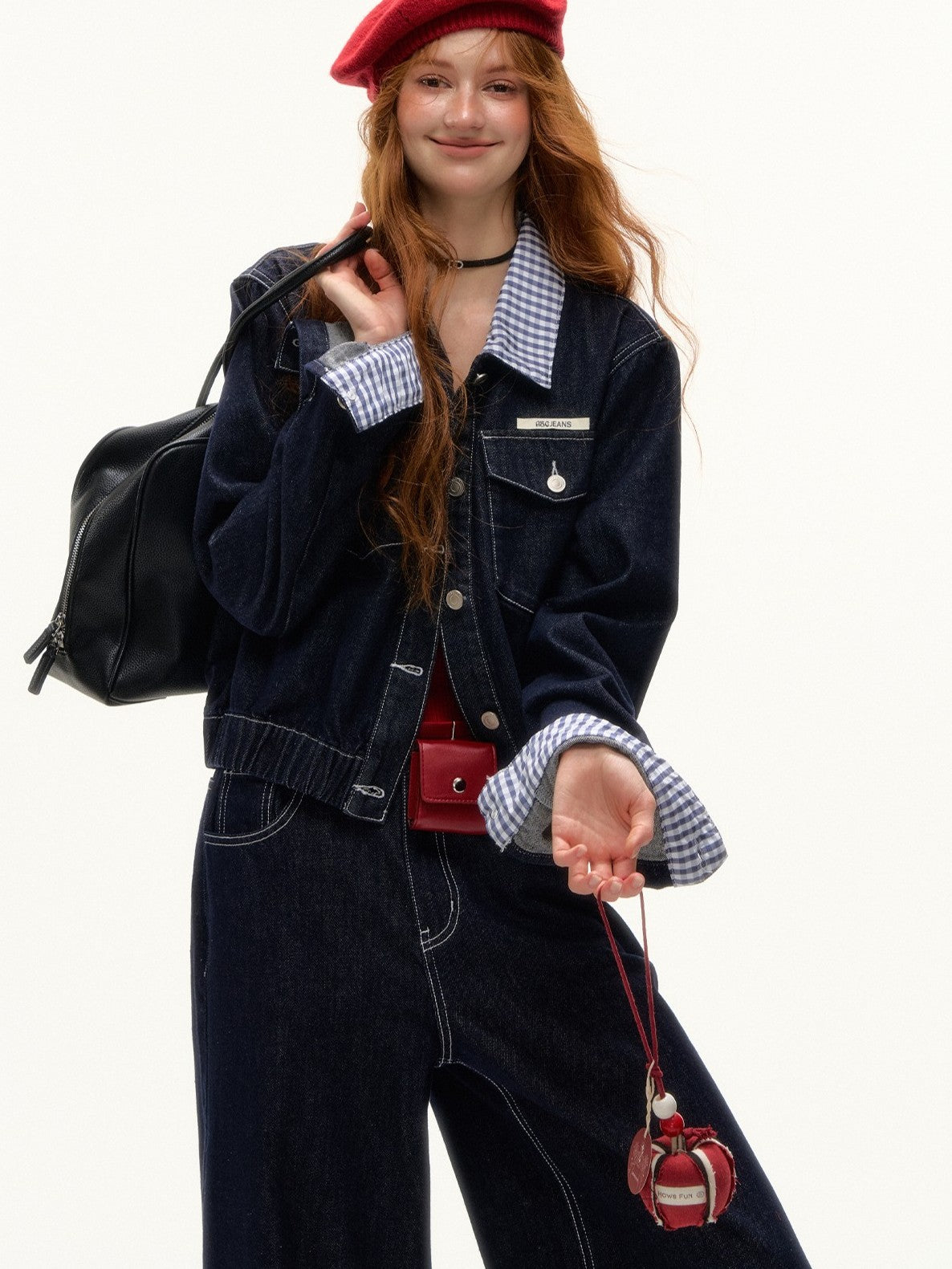 ASGONY - Patchwork Denim Jacket & Wide-Leg Jeans Set