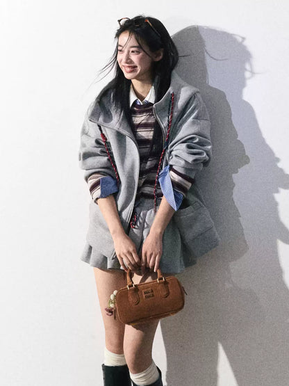 OAKMOO/ "A Trace of Self" Light Heather Gray Miu-Inspired Sporty Hoodie & Skirt Set