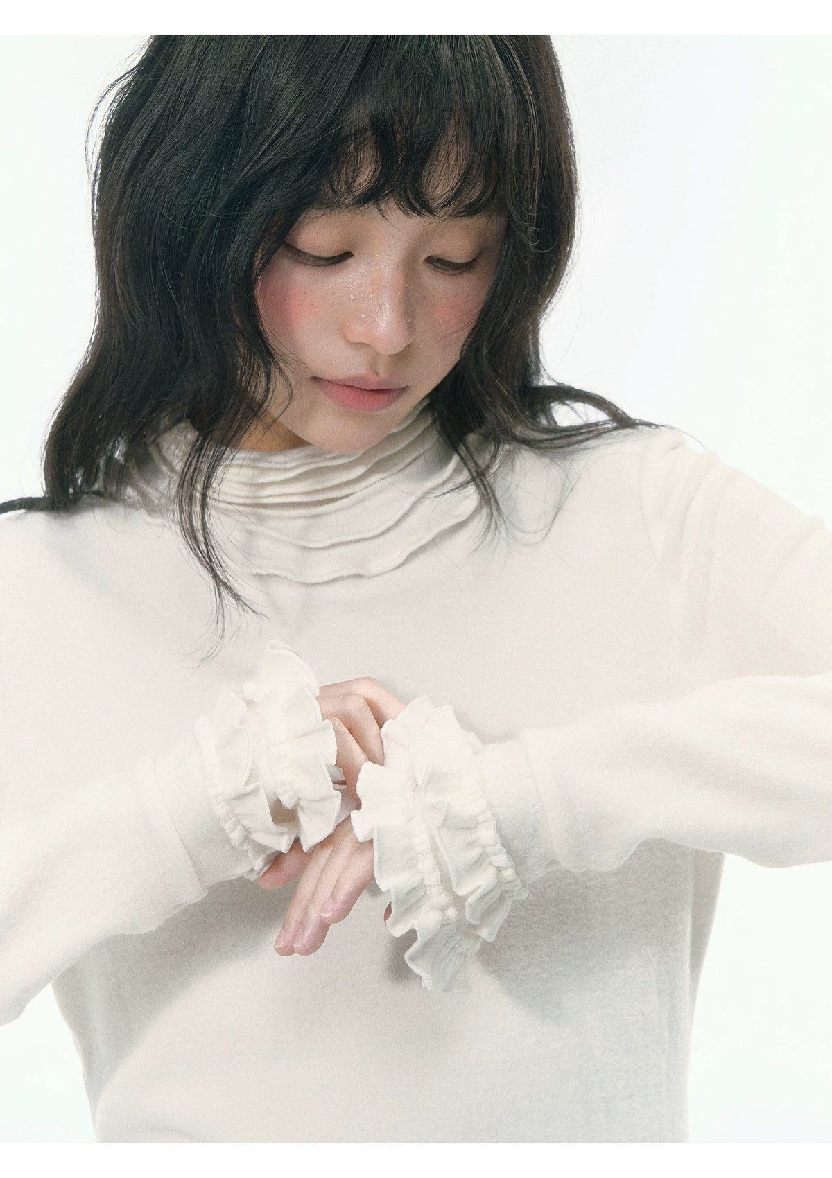 JOVYLLE - Cream Ivory Lace-Trim Turtleneck Top