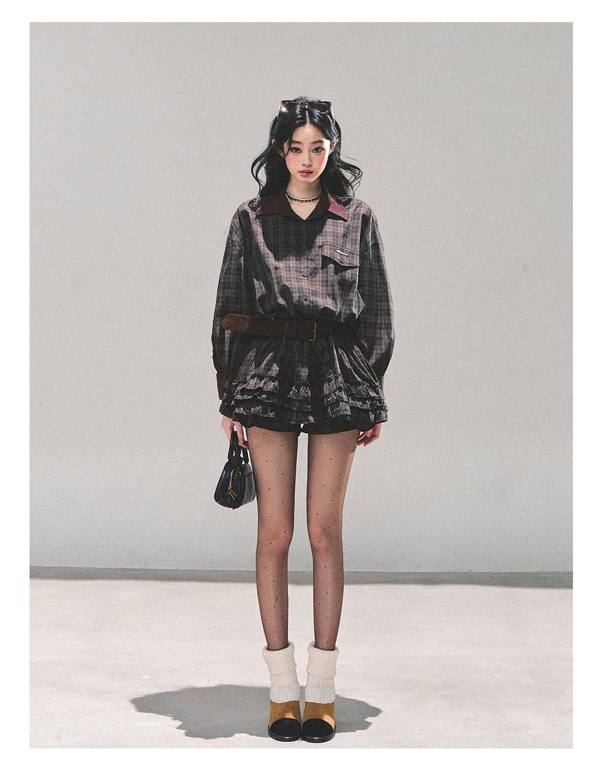 少也眼 “Trajectory of the Sunset” Plaid Polo Shirt Dress with Belt – Mocha Brown 7687648