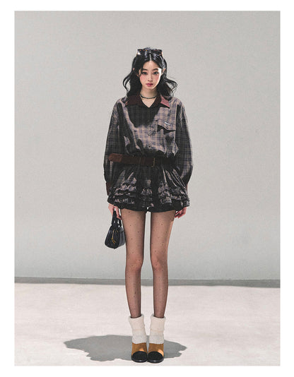 少也眼 “Trajectory of the Sunset” Plaid Polo Shirt Dress with Belt – Mocha Brown 7687648