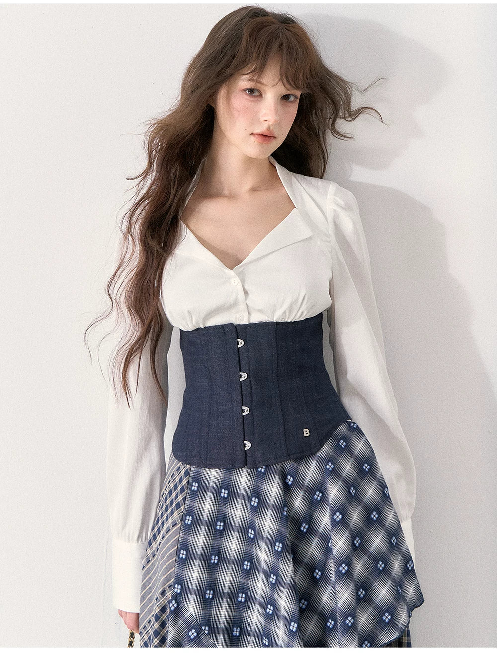 [TMMG] Retro Sweetheart Collar Shirt & Denim Corset Waist Belt Asymmetric Plaid Skirt Set