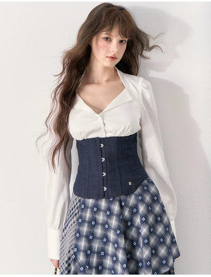 [TMMG] Retro Sweetheart Collar Shirt & Denim Corset Waist Belt Asymmetric Plaid Skirt Set