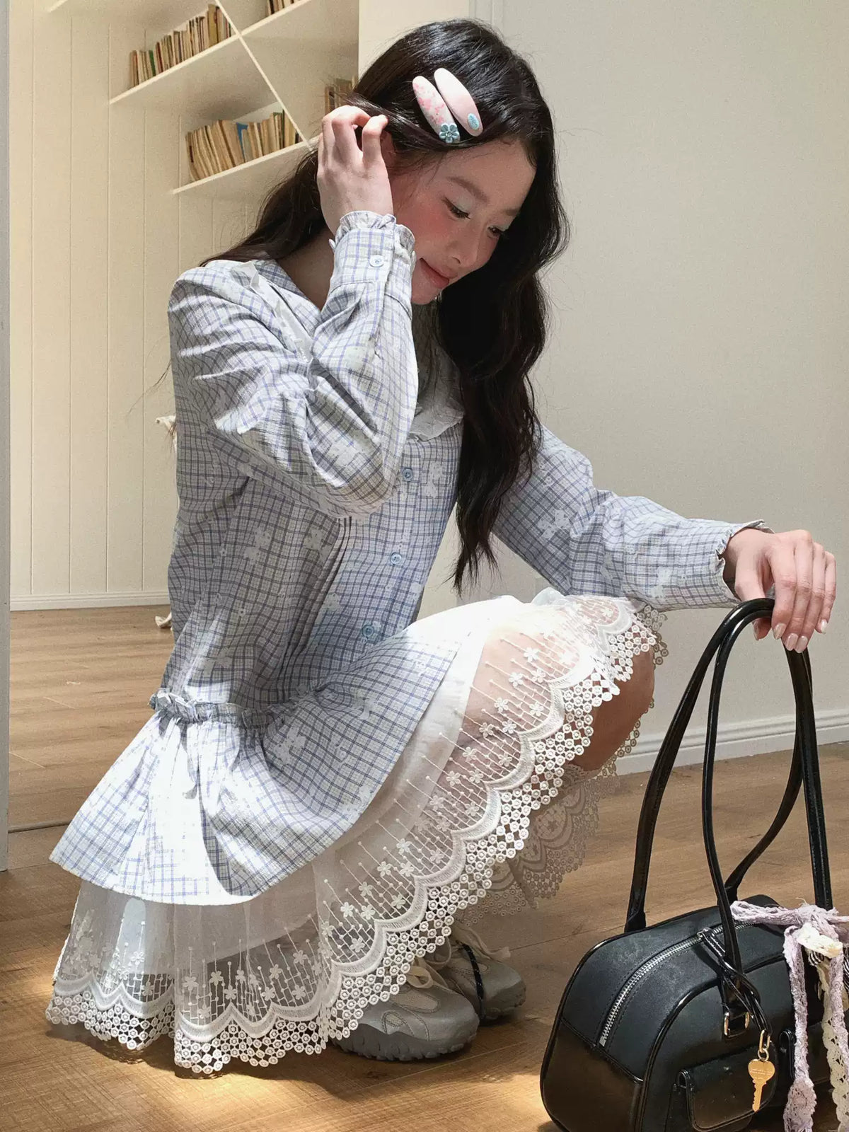 [[RF] “Blue Plaid Cloud Blossom” Baby Blue Plaid Long-Sleeve Ruffle Waist-Defined Dress