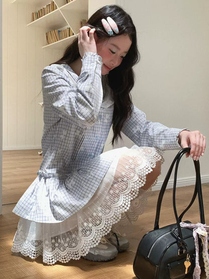 [[RF] “Blue Plaid Cloud Blossom” Baby Blue Plaid Long-Sleeve Ruffle Waist-Defined Dress