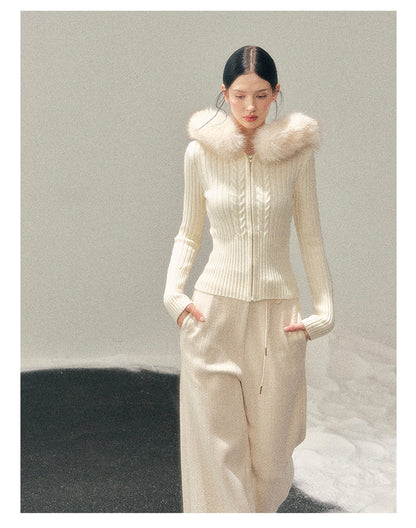 少也眼 “Sunset’s Soft Trace” Milk-Apricot Hooded Cable-Knit Zip-Up Jacket