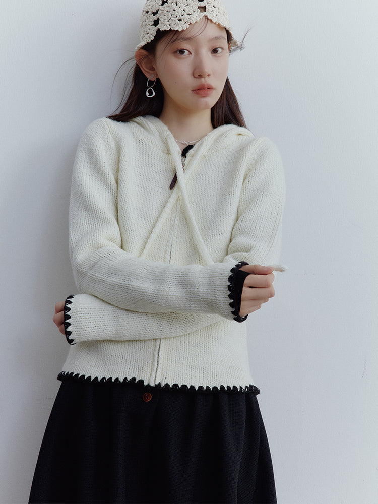 FUSSED Almond Cream Cropped Hooded Knit Jacket with Contrast Shell Embroidery FOF-25SS174