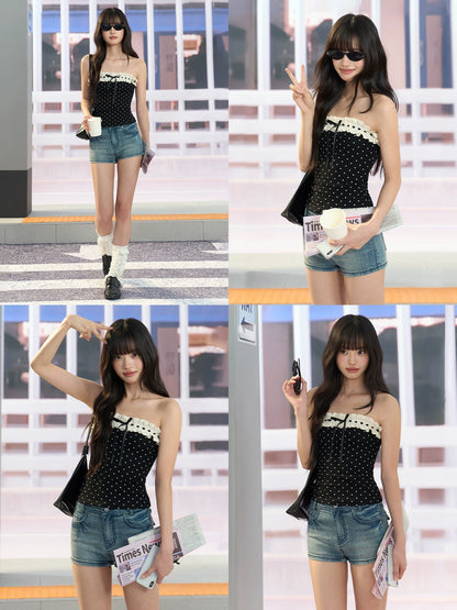 "Paris Departure" Black Polka Dot Lace Tube Top