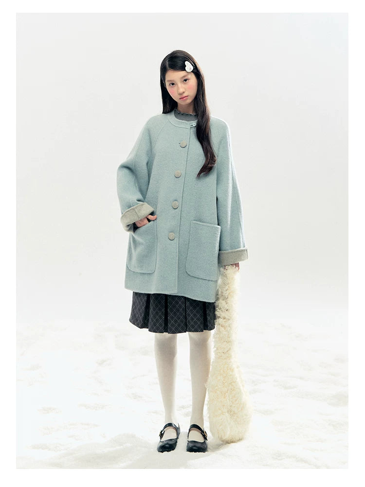 "Double Winter Embrace" Blue & Gray Reversible Wool-Blend Cape Coat