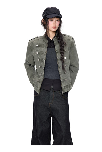EZEK | Vintage Washed Denim Jacket with Hood and Double-Breasted Buttons (Military Green / Heather Gray)