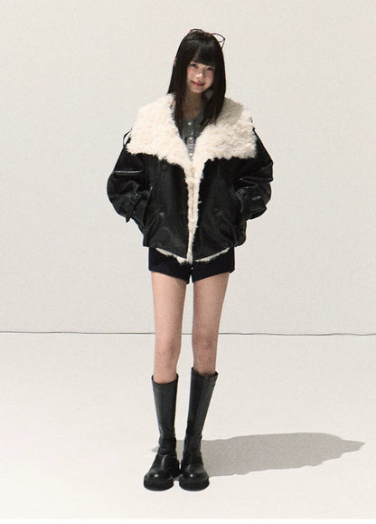 OAKMOO/ Cropped Faux Leather Shearling-Collar Jacket (Rich Black / Hazelnut Khaki)
