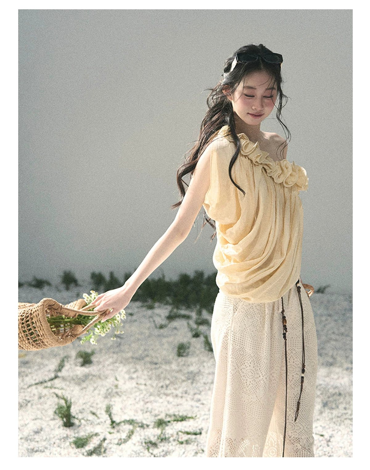 “Where Spring Petals Fall” Milkshake Yellow Ruffle Off-Shoulder Top