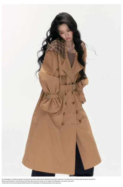 24olvides - Brown Long Padded Trench Coat with Plaid Hood