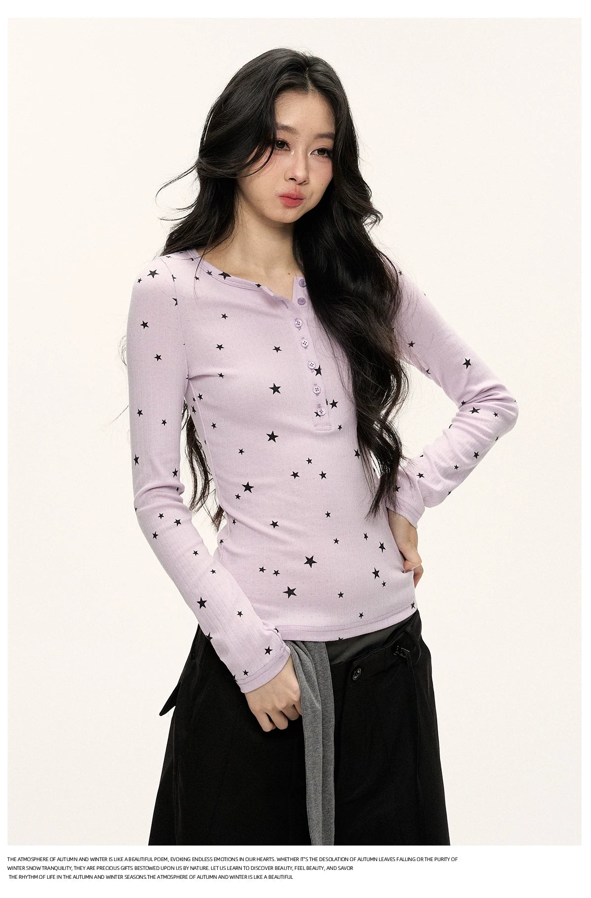 JN's DESIGN - Star Print Fitted Henley Long-Sleeve Top (White / Taro Pink-Purple)