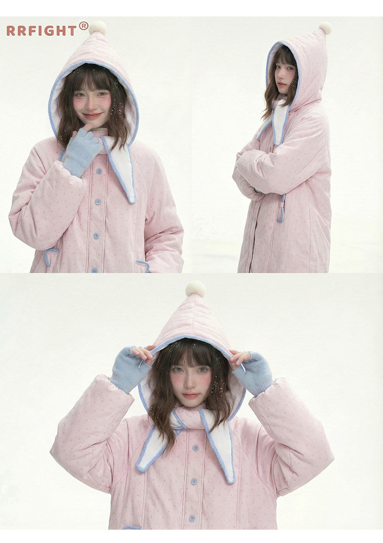阮阮自制 - Berry Cream Pink Polka Dot Hooded Corduroy Padded Jacket