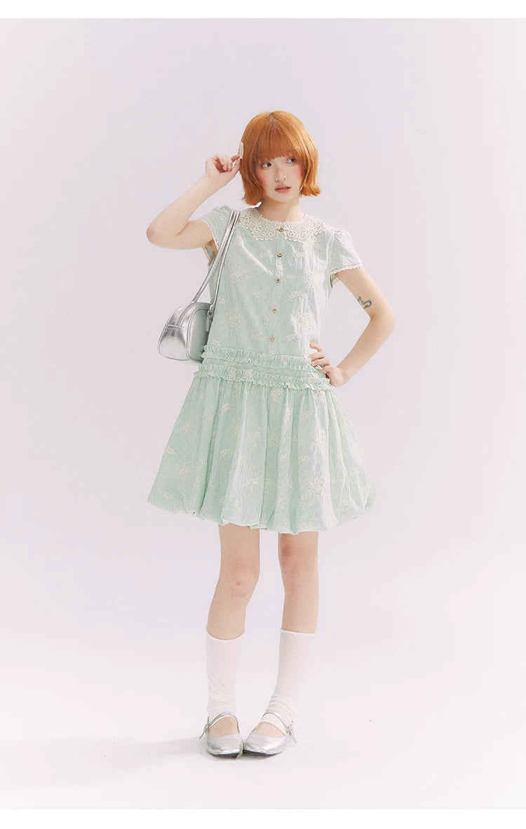 “Mint Lime” Green Stripe Lace Babydoll Dress