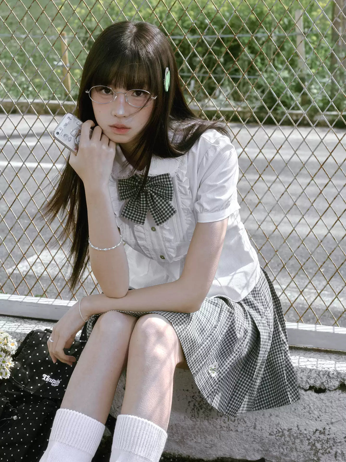 “Spring Day” White & Green School Blouse & Plaid Skirt Set