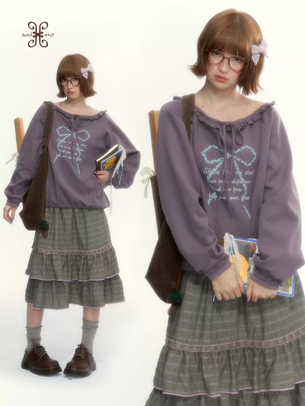 Deep Purple Bow-Tie Lettuce-Trim Off-Shoulder Sweatshirt