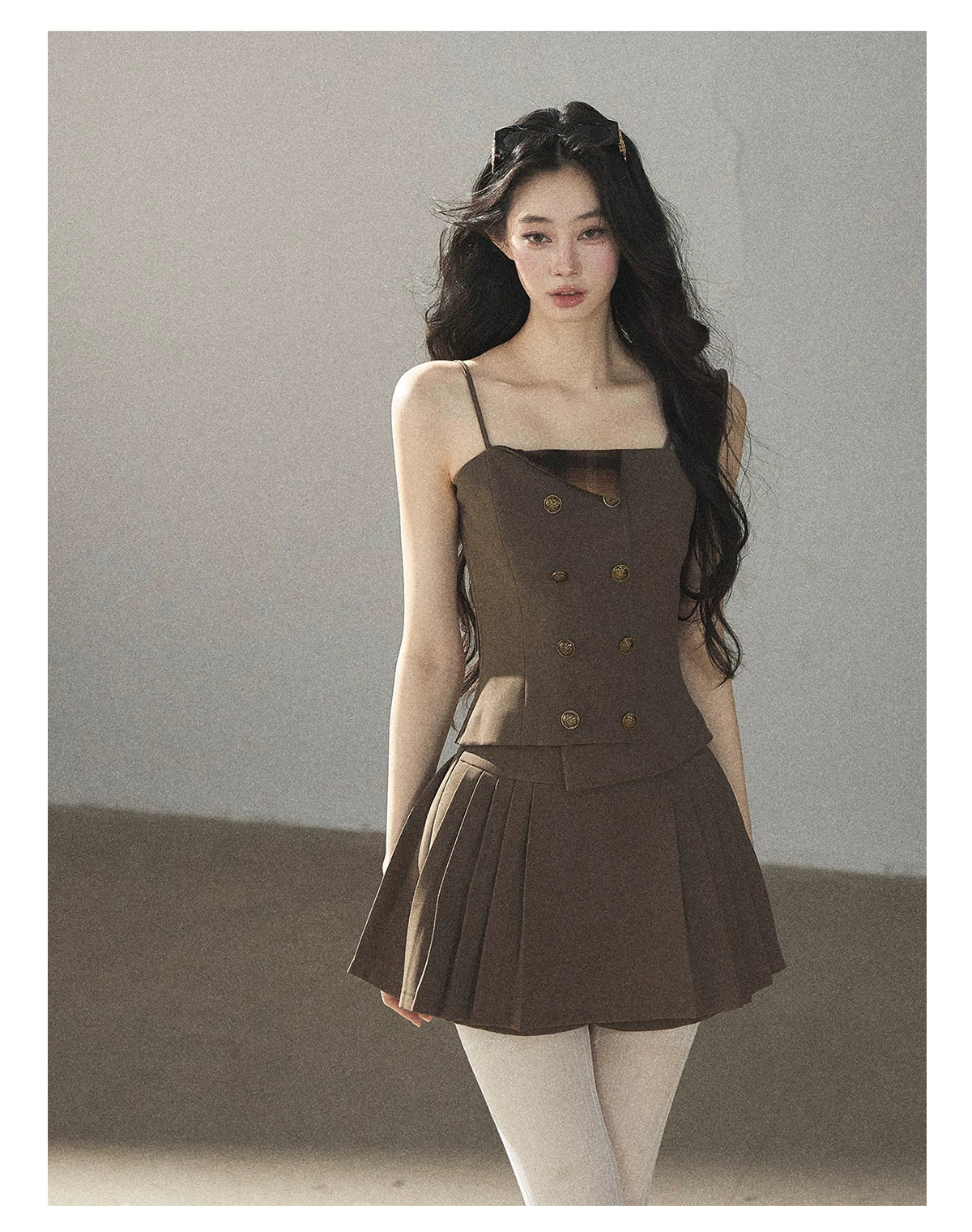 AOMALM - “Evening Breeze in the Valley” Chestnut Brown Blazer, Cami & Pleated Skort Set