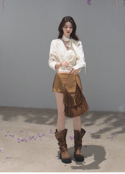 OAKMOO/ Distressed Slouchy Mid-Calf Combat Boots with Layered Straps