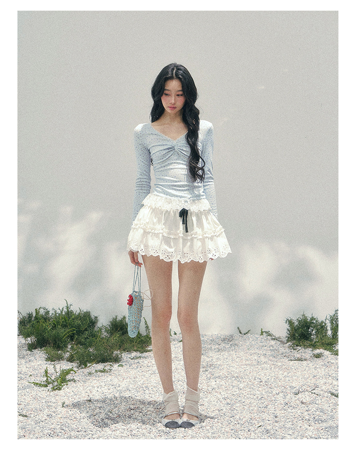 少也眼 "Heartbeat Pause" Baby Blue Back Lace Cut-Out Top 53685634