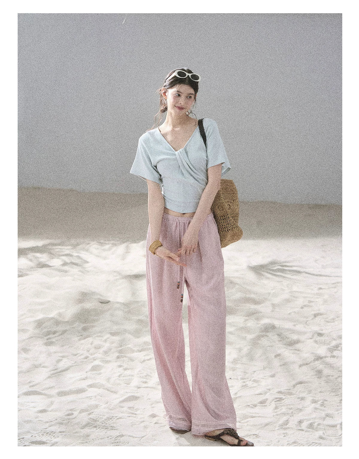 "Moonlight on Water" Twist-Front Cropped T-Shirt (Silver Mink Gray/ Mist Blue)