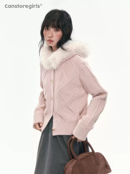 [CAN] Cable Knit Hooded Cardigan (Navy / Dusty Pink)