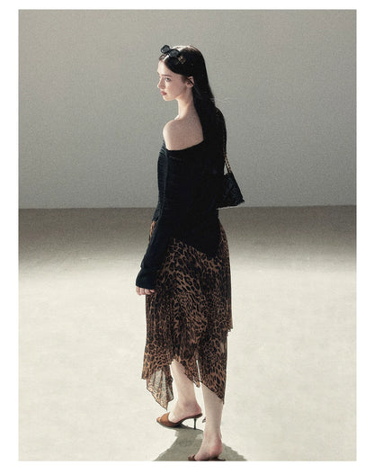 AOMALM - “Cocoa Leopard” Pleated Asymmetric Midi Skirt