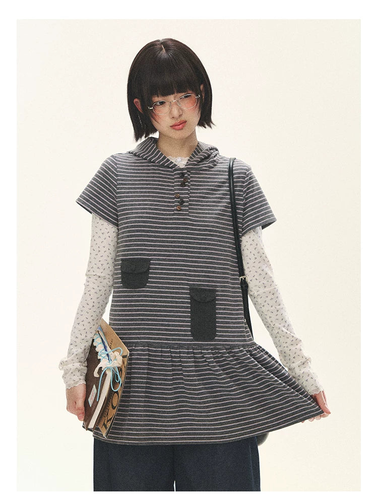 "Seoul Diary" Gray & Pink Stripe Hooded Knit Mini Dress