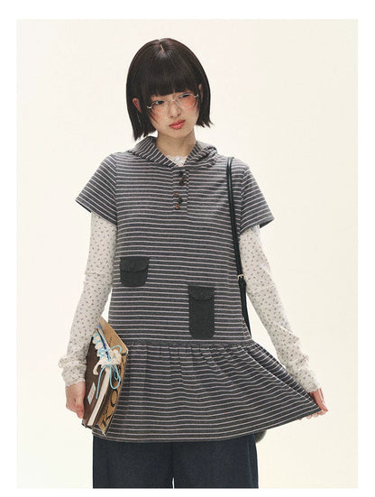 "Seoul Diary" Gray & Pink Stripe Hooded Knit Mini Dress