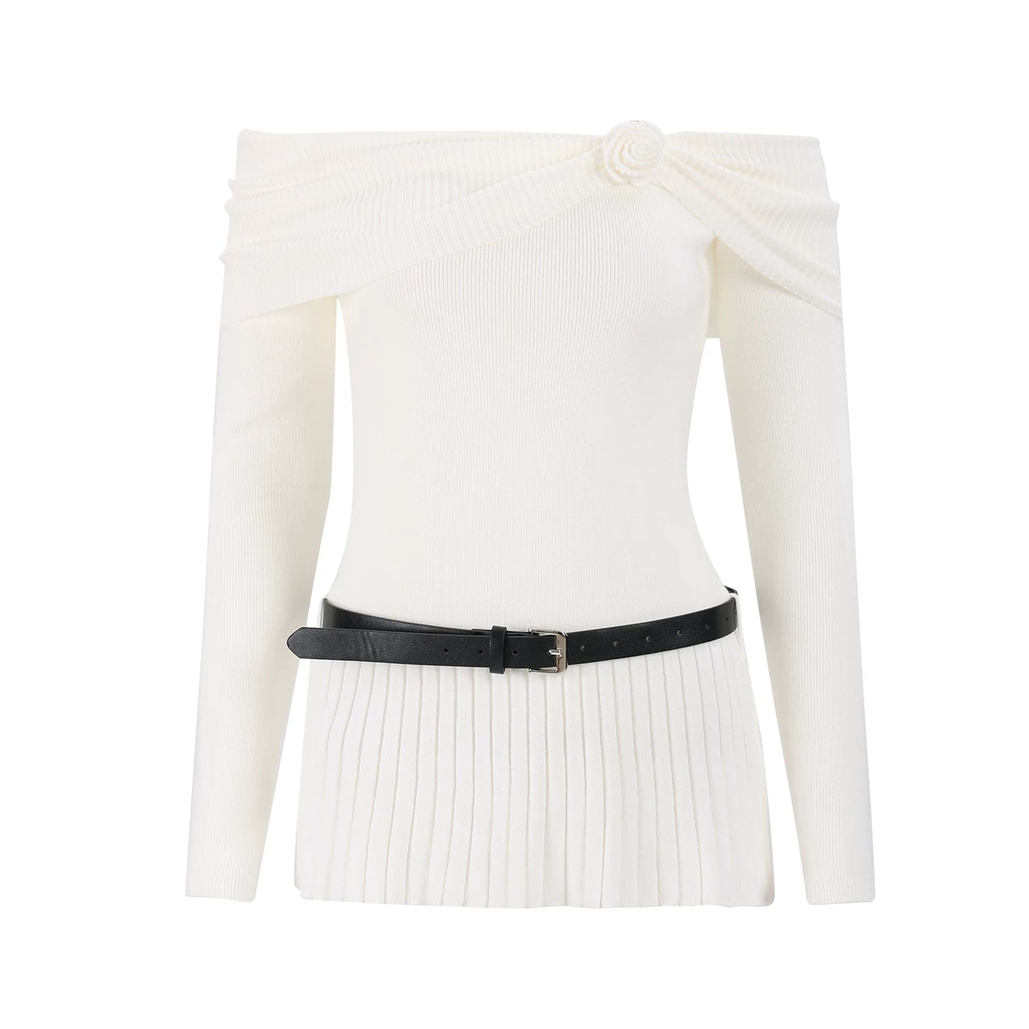 "Bloom Arrival" White Off-Shoulder Knit Top